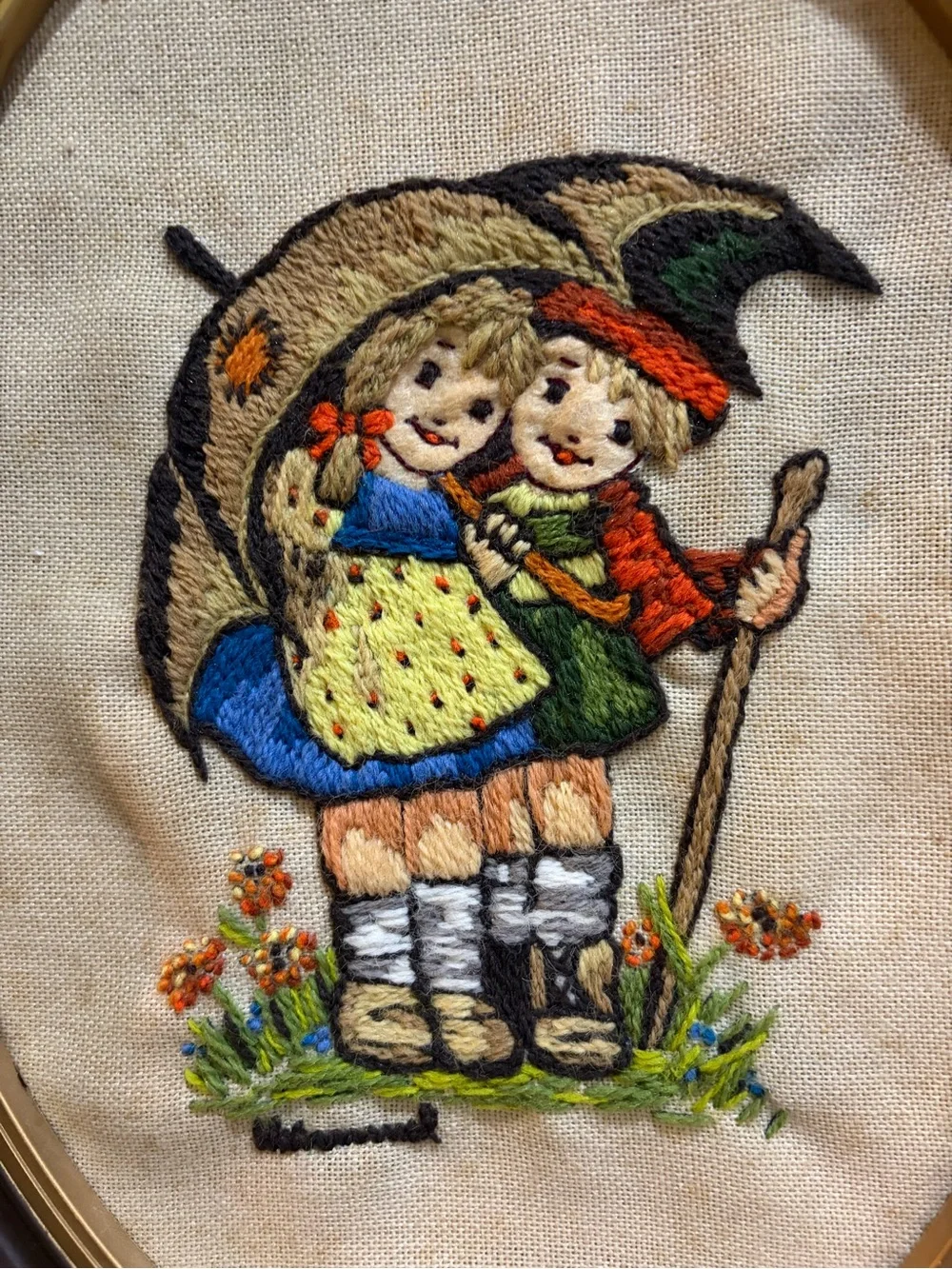 Vintage Embroidered Children Pair Oval Wall Art - Yellow, Blue, Green